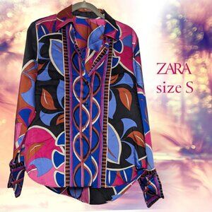 Zara Colorful Abstract Print Button Down Blouse Shirt, Size Small